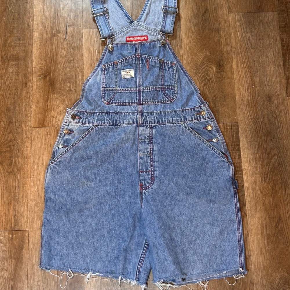 Vintage 90's Unionbay Denim Shortalls Rainbow Stitch Grunge Carpenter Overalls M